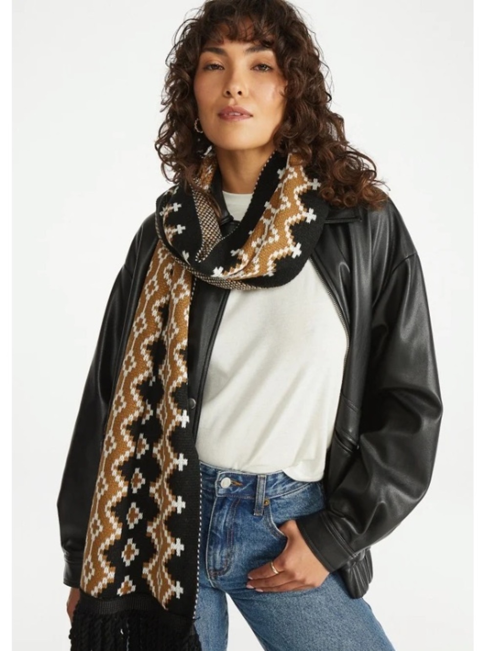 JustFab Black & Brown Fair Isle Fringe Scarf